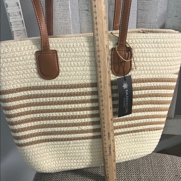 Cream and Brown Striped Tote Bag with Leather Handles - Picture 5 of 8
